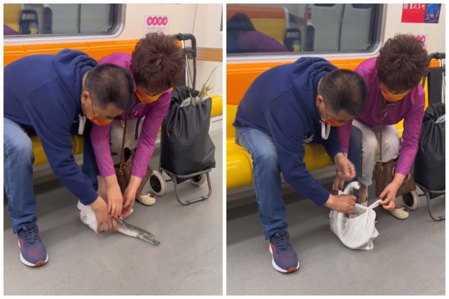 夫妻買了活鰻魚要帶回家烹煮，但鰻魚在地鐵上跑出塑膠袋。圖取自微博