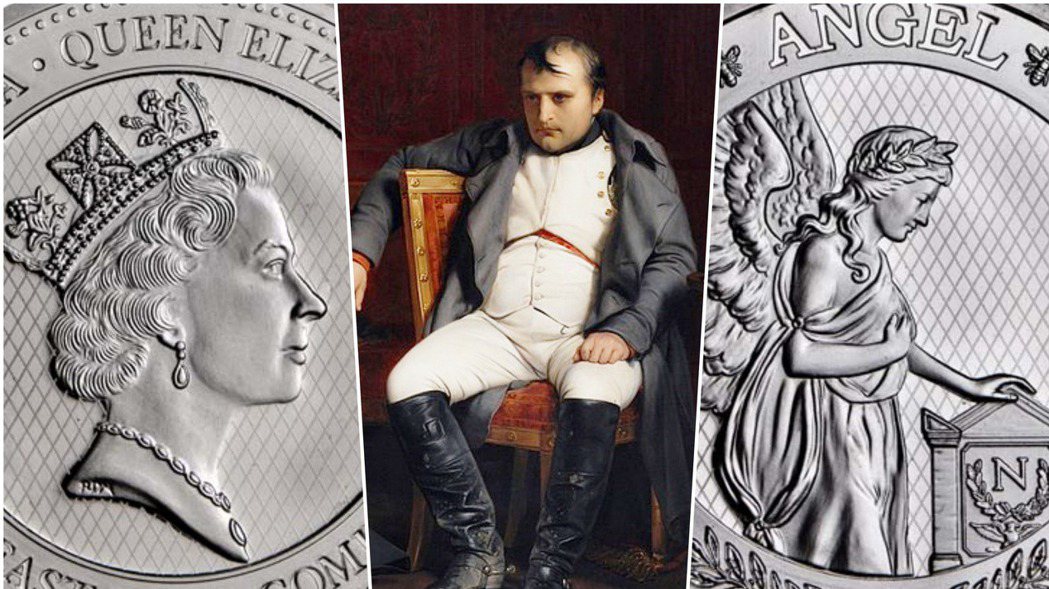 圖左和圖右分別為拿破崙紀念幣的正反面，圖中則為1814年在巴黎楓丹白露宮簽署退位...