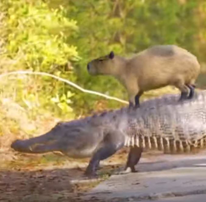 一隻水豚坐在鱷魚的頭上，把鱷魚當成船在搭，鱷魚卻像是跟水豚是好朋友一般一路上完全沒有攻擊，將水豚平安送到目的地後就離開了 (圖/取自影片)