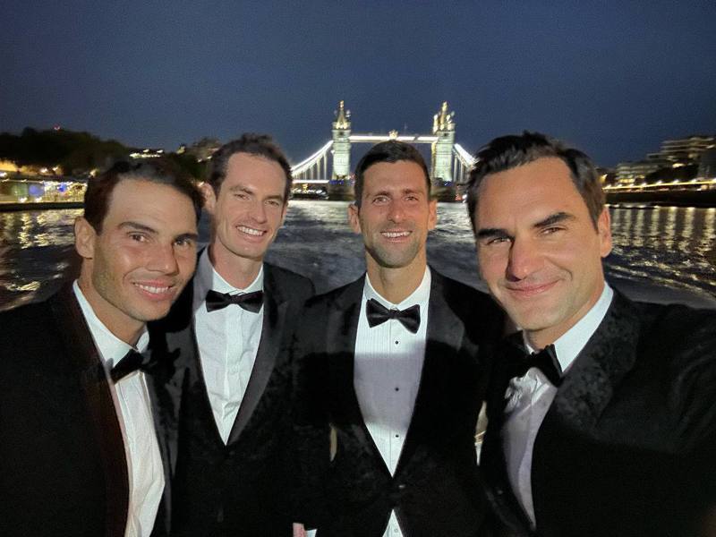 網壇四巨頭（Big 4）（左起）納達爾（Rafael Nadal）、墨瑞（Andy Murray）、約克維奇（Novak Djokovic）和費德勒（Roger Federer）。圖為去年Laver Cup費德勒退休前4人帥氣在倫敦合體。圖 / 翻攝自 IG @ rogerfederer