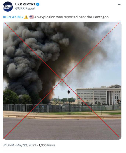 推特22日瘋傳五角大廈爆炸的AI假照片，一度引發美股恐慌。截自推特