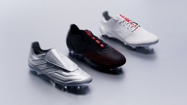 Predator Accuracy、Copa Pure與X Crazyfast三款鞋款，使用黑、白、銀三色為主視覺。圖／Prada提供