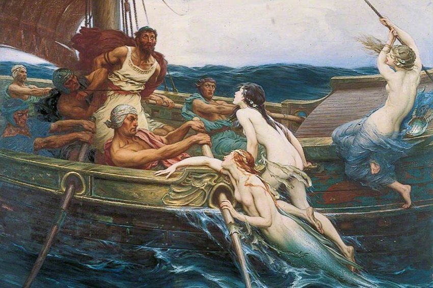 《奧德賽》中尤利西斯在船上將自己綁在船桅上對抗賽蓮性誘惑的故事，正好適合當時充滿父權主義。 圖／維基共享