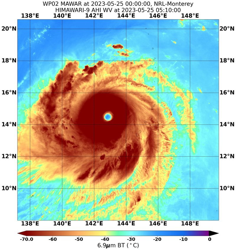 瑪娃颱風可降水量分析，颱風眼是清澈的水藍色色階，「接近圓對稱」，水氣量最充足的眼牆雲系為均勻的磚紅色，外圍雲系沒有特別長的向外延伸，很完整結實的颱風雲系結構。圖／取自鄭明典臉書