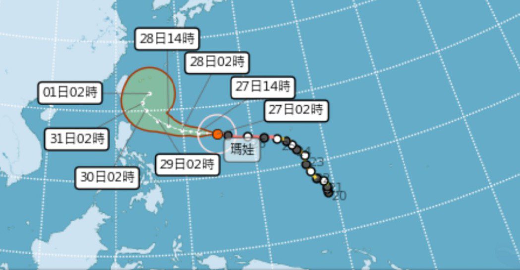 中央氣象局指出，強烈颱風瑪娃27日2時的中心位置在北緯16.0 度，東經 134...