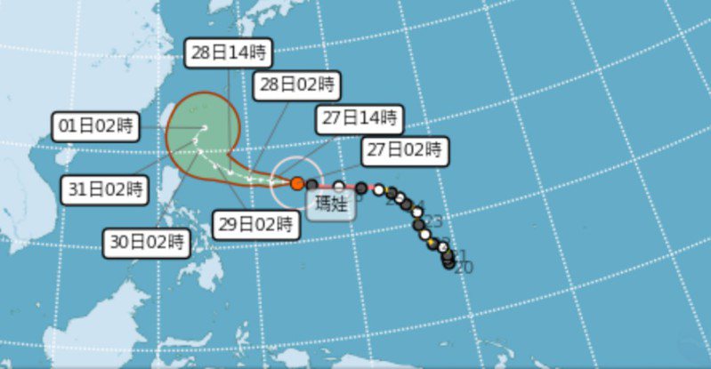 中央氣象局指出，強烈颱風瑪娃27日2時的中心位置在北緯16.0 度，東經 134.9 度，以每小時27公里速度，向西北西進行。圖／翻攝中央氣象局