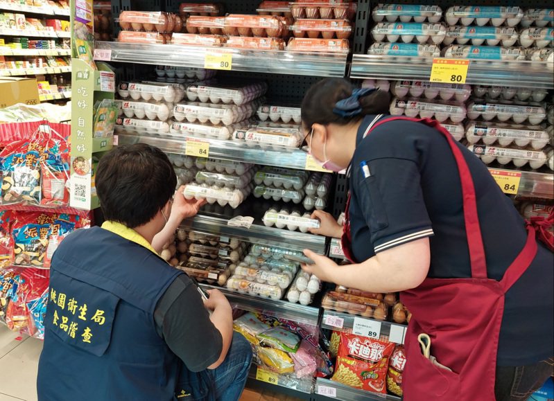 衛生局到各主要賣場稽查貨架上的雞蛋品質，與有是否還有立群代理進口的泰國雞蛋未下架。圖／桃園市政府衛生局提供