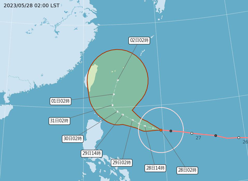 中央氣象局說，強颱瑪娃今天凌晨2時的中心位置在馬尼拉東北東方980公里海面上（鵝鑾鼻東南東方1100公里海面上），以每小時19公里速度，向西北西進行。圖／取自氣象局網站
