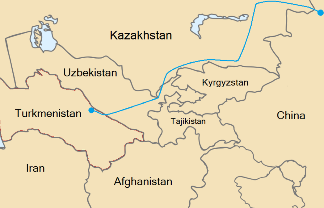 中亞-中國天然氣管道地圖，途經土庫曼、烏茲別克、哈薩克至中國。 圖／維基共享　
