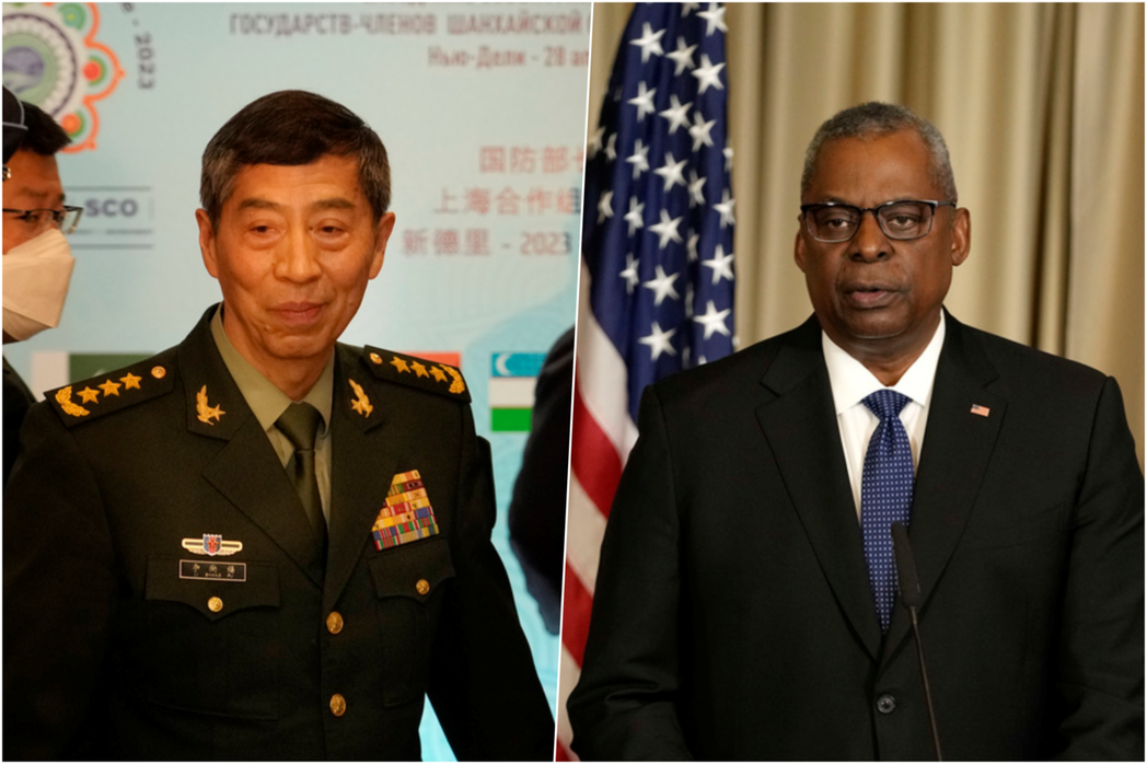 圖左和右分別為：中國國防部長李尚福與美國國防部長奧斯丁。 圖／美聯社