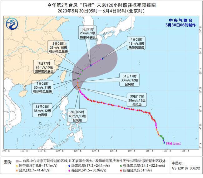 大陸中央氣象台30日上午6時發布的瑪娃颱風路徑預報圖。（取自中國天氣網）