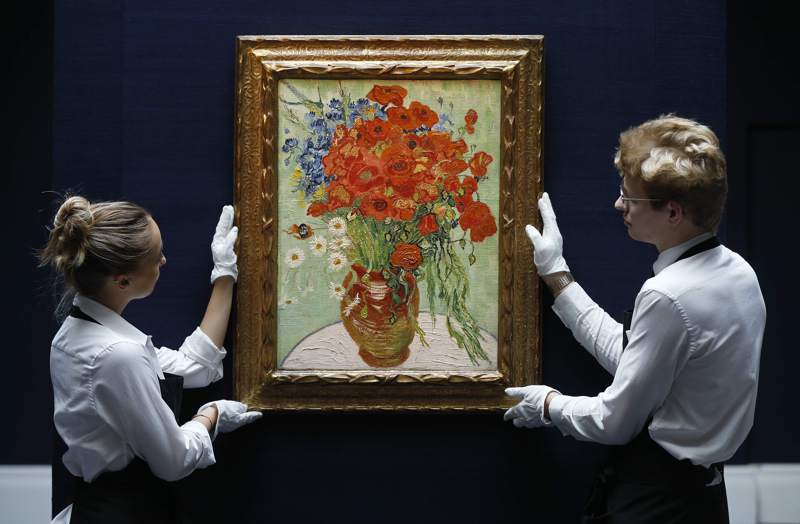 荷蘭印象派畫家梵谷死前不久畫的靜物畫「雛菊與罌粟花」2014年11月在蘇富比拍賣會上以6180萬美元拍出。路透