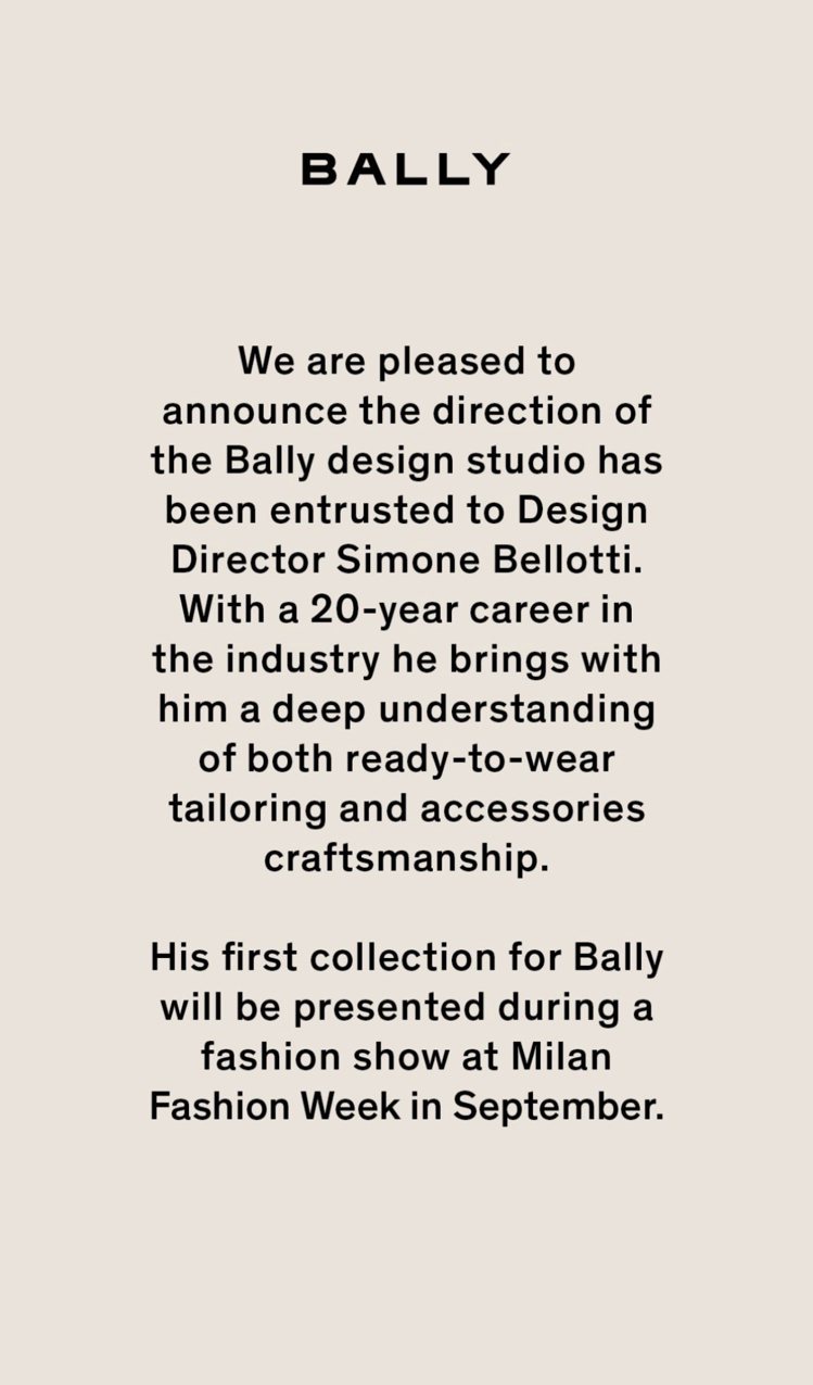 Bally在品牌官方ig的限時動態中提及了新任總監Simone Bellotti的人事動態，並表明其初個系列將在今年9月的米蘭時裝週登場。圖 / 翻攝自 IG @ Bally