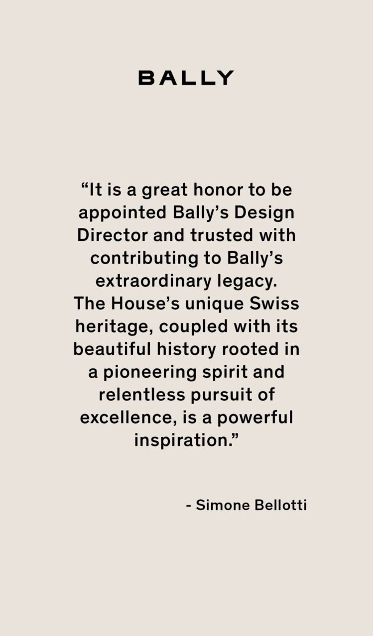 Bally在品牌官方ig的限時動態同樣呈現了Simone Bellotti的聲明，表示很榮幸被任命為Bally一員，並提到品牌前衛精神與設計工藝所帶來的強大靈感。圖 / 翻攝自 IG @ Bally