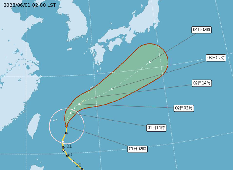瑪娃颱風已於今天凌晨2時減弱為輕度颱風，中心位置在台北東南東方460公里海面上。圖／取自氣象局網站