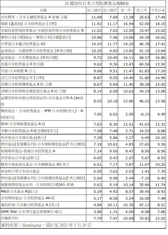 28檔境外日本大型股票基金報酬率。