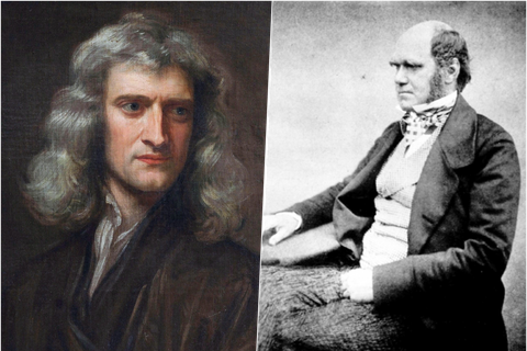 圖為影響現代科學史的兩位重大人物：牛頓（左）與達爾文（右）。 圖／維基共享