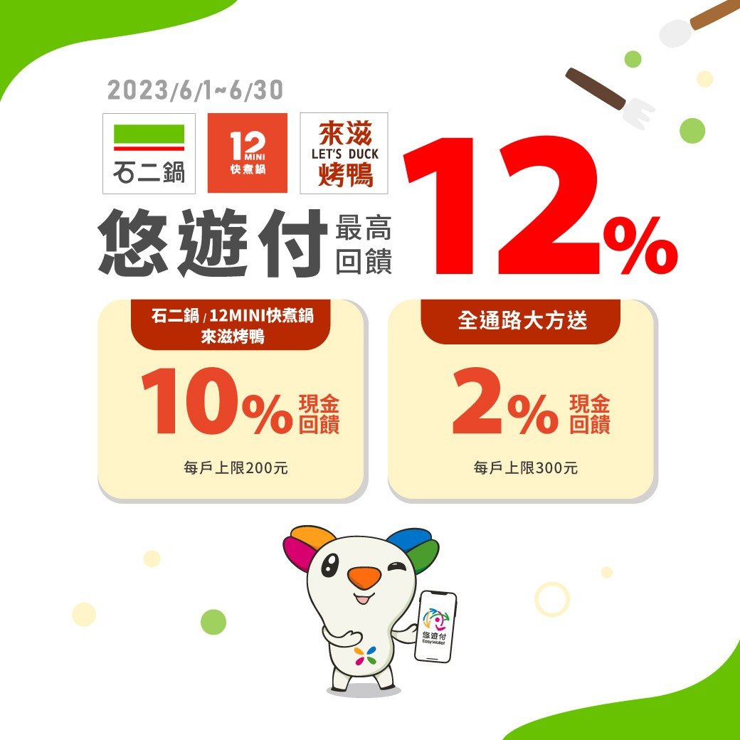 石二鍋及12MINI快煮鍋正式上線悠遊付，自6月1日起至6月30日止，推出10%...