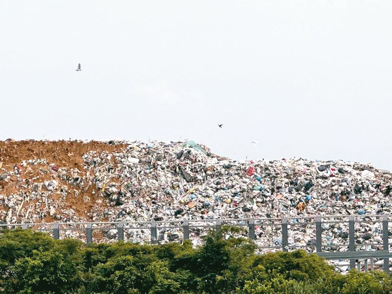 楊梅員本里垃圾掩埋場，近2年垃圾量進大於出，愈堆愈高像座小山，蒼蠅滿天飛（圖），市議員周玉琴形容「黏蠅紙不用2小時就會黏滿蒼蠅」。圖／周玉琴提供