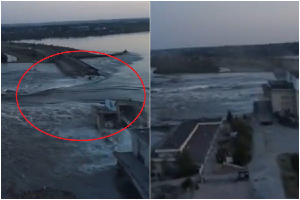 5日稍晚曝光的一段無人機影片顯示「烏克蘭南部的新卡霍夫卡大壩（Nova Kakh...