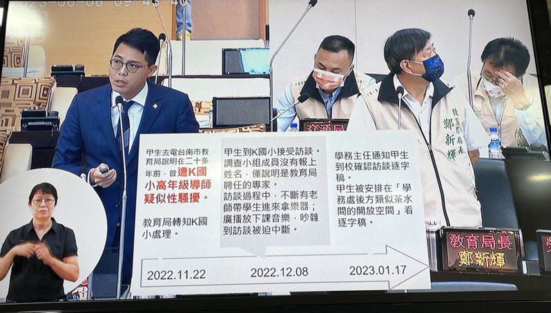 台南市教育局長鄭新輝（右）在議會說明校園性平案調查結果。記者／吳淑玲翻攝