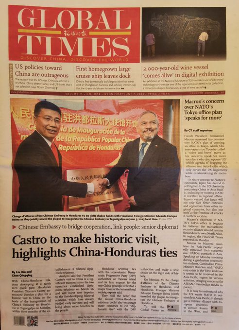 大陸環球時報英文版以頭版報導中國大陸駐宏國大使館開館即卡斯楚即將訪問中國的訊息。   取自推特