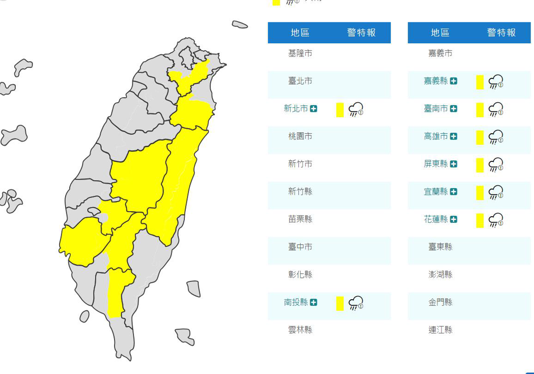 氣象局下午針對南投、台南等8縣市發大雨特報。取自氣象局網站