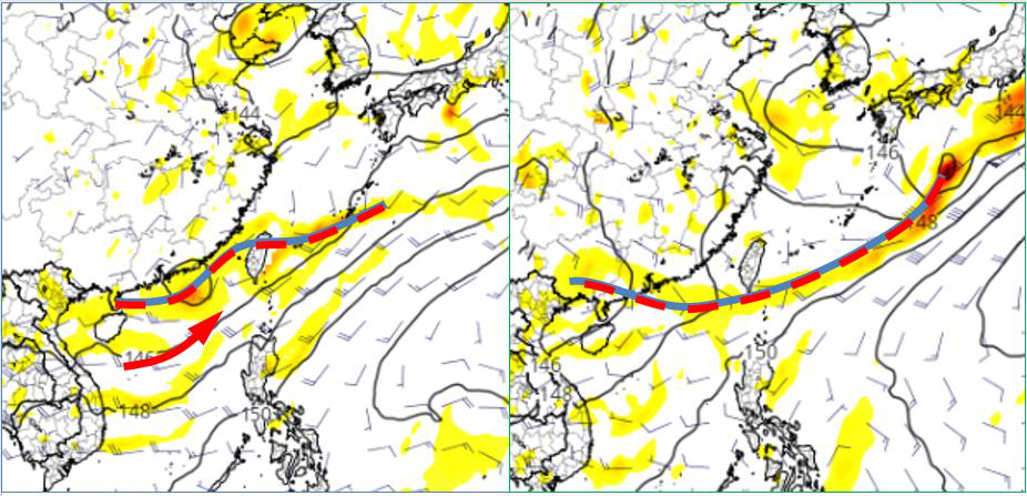 歐洲模式模擬850百帕風場及渦度圖顯示，下周二滯留鋒在台灣北部，配合西南氣流（左...