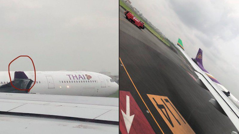 泰航客機的翼尖小翼與長榮航空的垂直尾翼互相削過。推特上網友拍到照片顯示，泰航客機的機翼尾段缺少一小截。圖／擷自Twitter／@persian_Kuri
