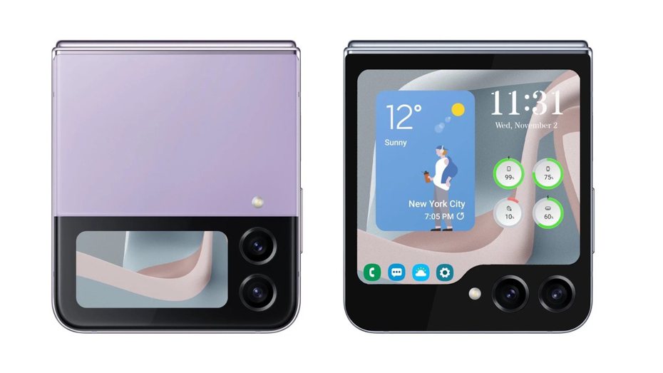 傳出Galaxy Z Flip5將放大封面螢幕至3.4吋，並改為「文件夾」外觀，如今實機照也曝光。圖為先前的渲染圖。（翻攝自《SAMMOBILE》）
