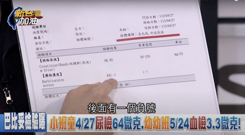 一名5月中旬報警的家長出示孩子4月27日的尿液篩檢報告「巴比妥數值達64」。圖／擷取自新台灣加油YouTuBe影片