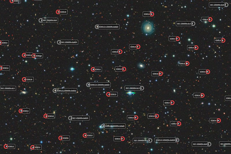 圖為本次發布數據中的一小部分，每個紅圈都代表一顆恆星，點進去可看到大量天文訊息。
圖／DESI Legacy Imaging Survey, D. Lang (Perimeter Institute)提供