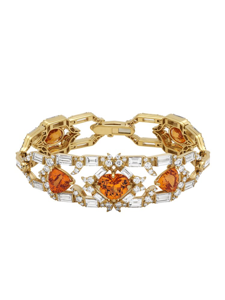 秋季主題的18K黃金手鍊，鑲嵌三種不同切割形式的橘色石榴石和鑽石，1,290萬元...
