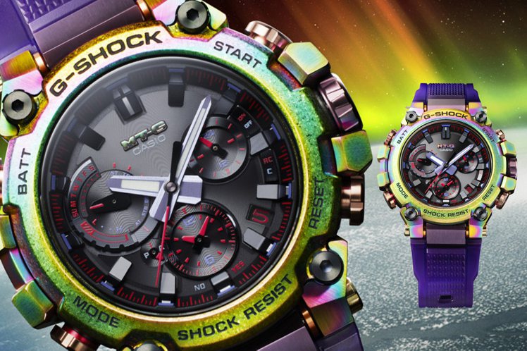 G-SHOCK MT-G系列以極光為靈感，打造了全新MTG-B3000PRB腕表，自帶炫目光芒，使人過目難忘。圖／CASIO提供