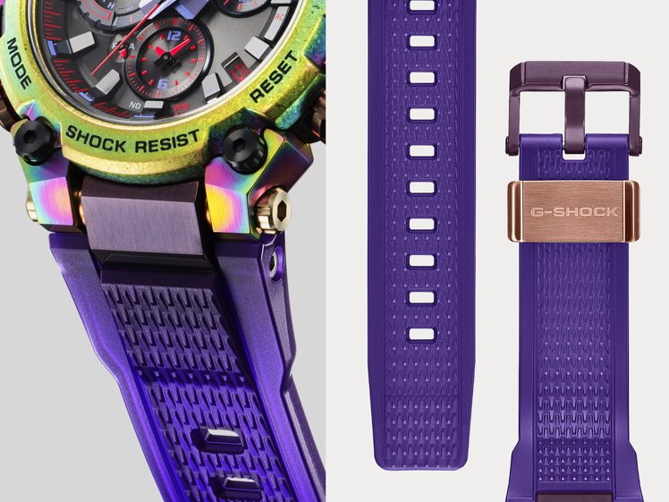 G-SHOCK MTG-B3000PRB腕表，紫色半透明表帶搭配經棕色與紫色離子IP鍍膜扣環零件，展現猶如極光色彩。圖／CASIO提供