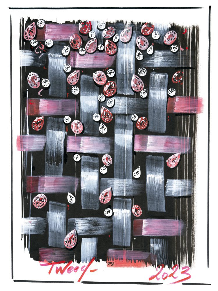 Tweed Camélia手繪靈感圖，以不同形狀的寶石與織品線條呈現對比。圖／香奈兒提供