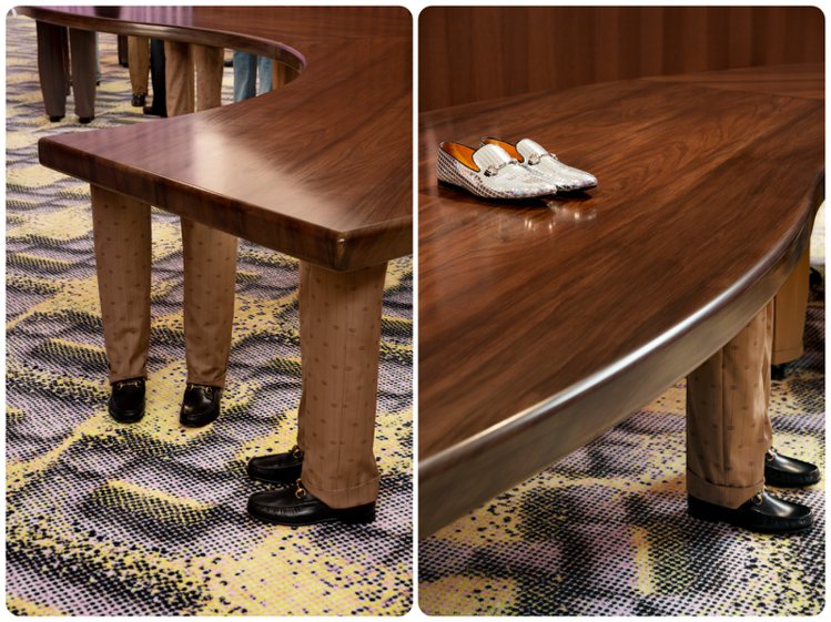 超現實、長出「人腳」桌腳的餐桌，出自美國雕塑家Pitterpatter所打造。圖／GUCCI提供（合成圖）