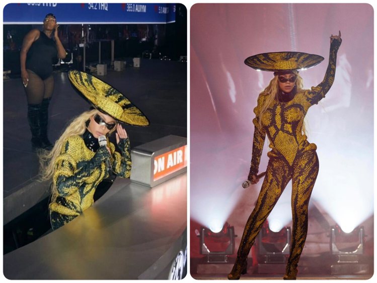 除了「女機器人」造型外，碧昂絲演唱會上另一套黃色造型、莽蛇紋裡的連身服同樣出自Balmain的量身訂製。圖／翻攝自 IG @ Balmain（合成圖）