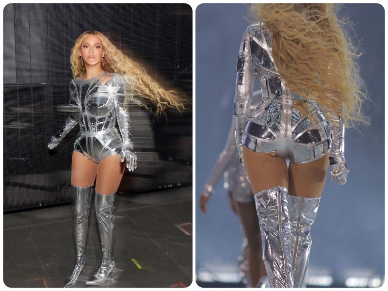 碧昂絲在《Renaissance》演唱會上一套造型，讓人聯想到日本藝術家空山基的女機器人與科幻動作港片《鐵甲無敵瑪利亞》。圖／翻攝自 IG @ Beyoncé、Balmain（合成圖）