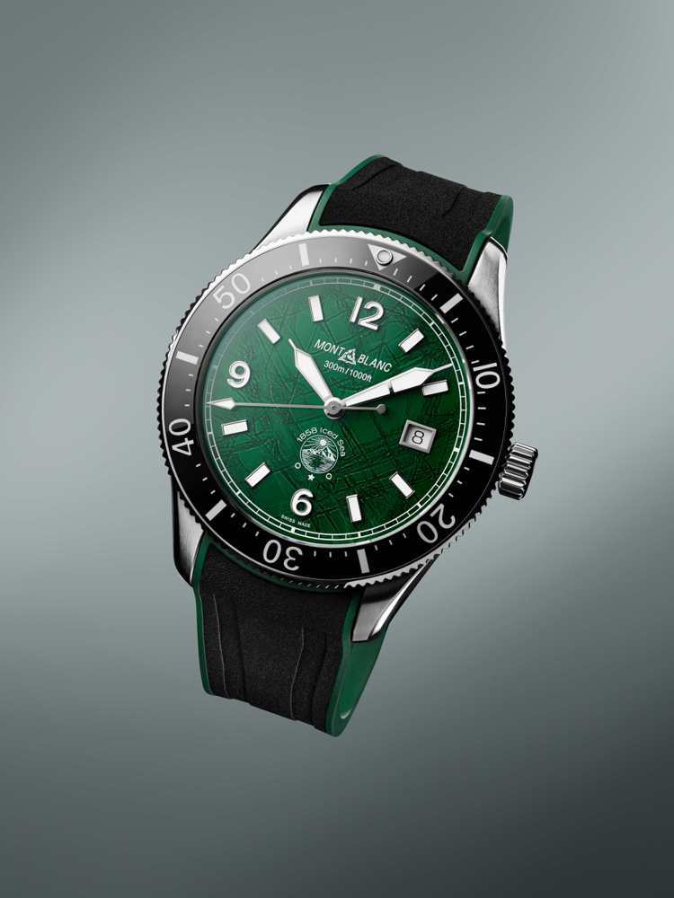 板橋大遠百限定Montblanc®1858系列Iced Sea日期顯示自動腕表，配備41毫米精鋼錶殼，底蓋飾有立體鐫刻，建議售價
11萬5,500元。圖／遠百提供