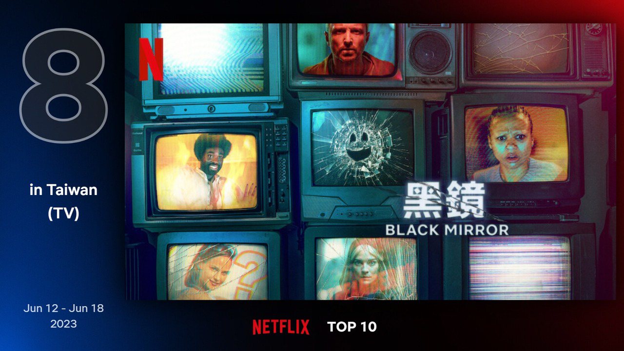 Netflix台灣地區6月12日至6月18日電視類排行第8為英國黑暗科幻獨立劇《黑鏡》。圖／Netflix