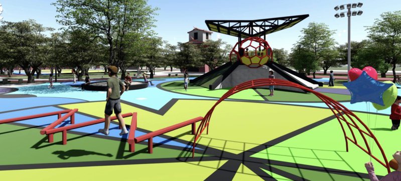 新港公園斥資2300萬元翻新，將打造紅色大型遊具。記者黃于凡／翻攝