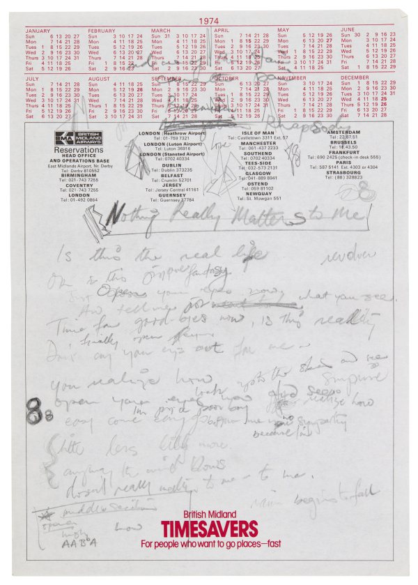 15頁完整「波希米亞狂想曲」創作歌詞手稿，估價約80萬英鎊起。圖／蘇富比提供