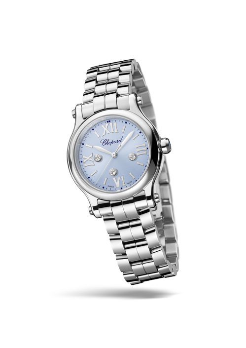 Happy Sport 30毫米天藍色精鋼腕錶，飾有三顆滑動鑽石，展露自由活力。 圖／Chopard 提供