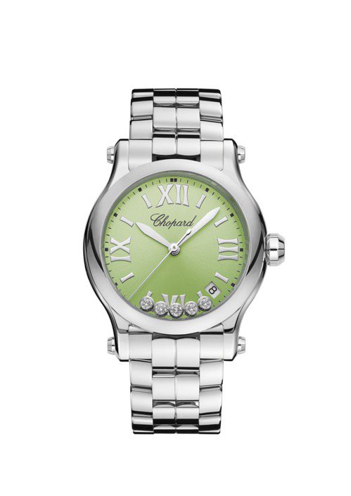 Happy Sport 36毫米薄荷綠精鋼腕錶，錶冠鑲嵌沙佛萊石，飾有五顆滑動鑽石。 圖／Chopard 提供