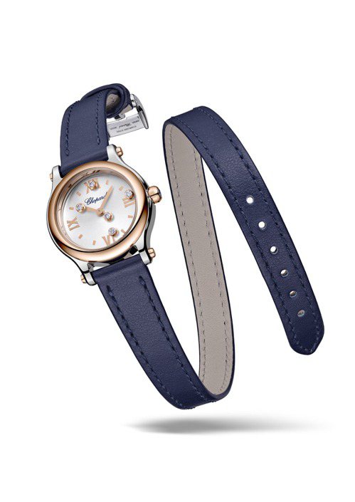 蕭邦Happy Sport直徑25毫米腕錶，午夜藍小牛皮雙圈錶帶，錶殼以精鋼搭配符合倫理道德標準的18K玫瑰金。 圖／Chopard 提供