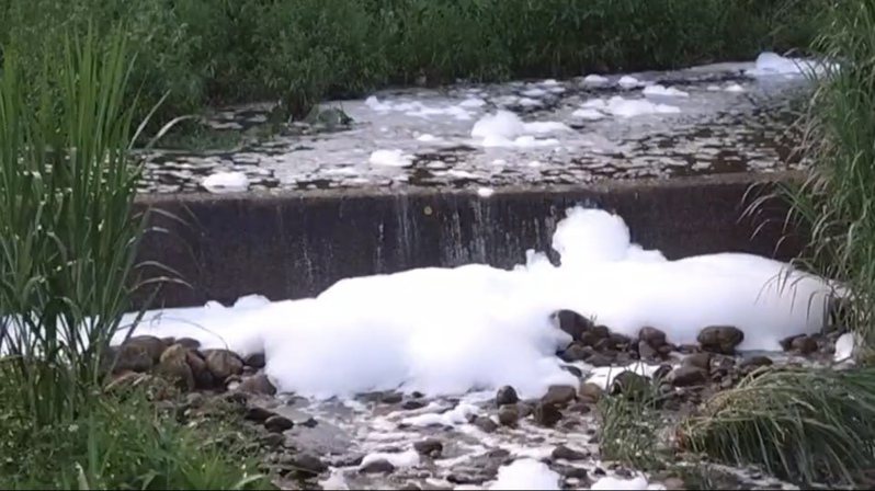 關西鎮牛欄河上游出現大量白色泡沫，居民質疑汙染嚴重。圖／讀者提供