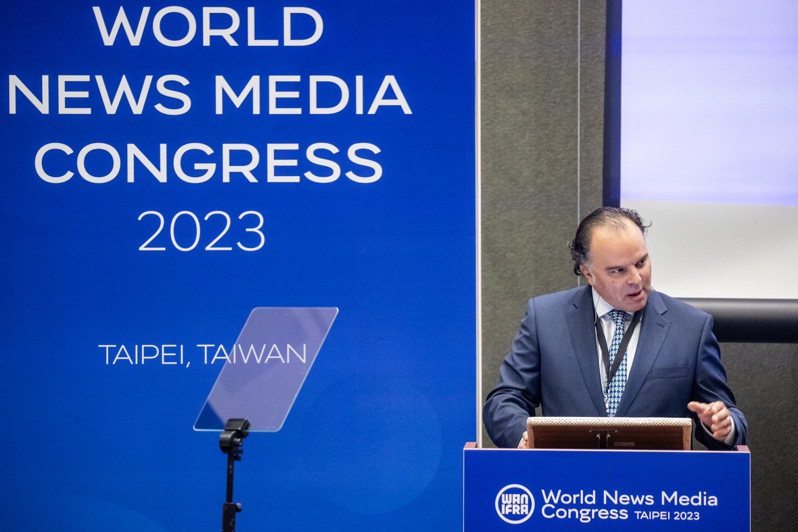 世界新聞媒體年會28日在台北開幕，世界新聞出版協會主席Fernando de Yarza開幕致詞 。記者季相儒／攝影