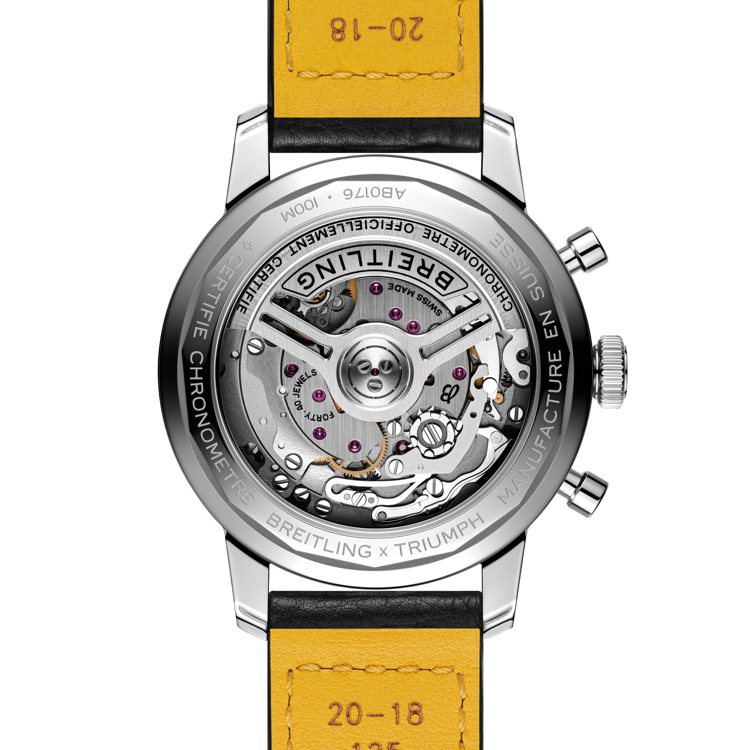 Top Time Triumph腕表使用百年靈自製的B01計時碼表機芯，並經過瑞士天文台認證，表款保固五年，堅固耐用。圖／百年靈提供