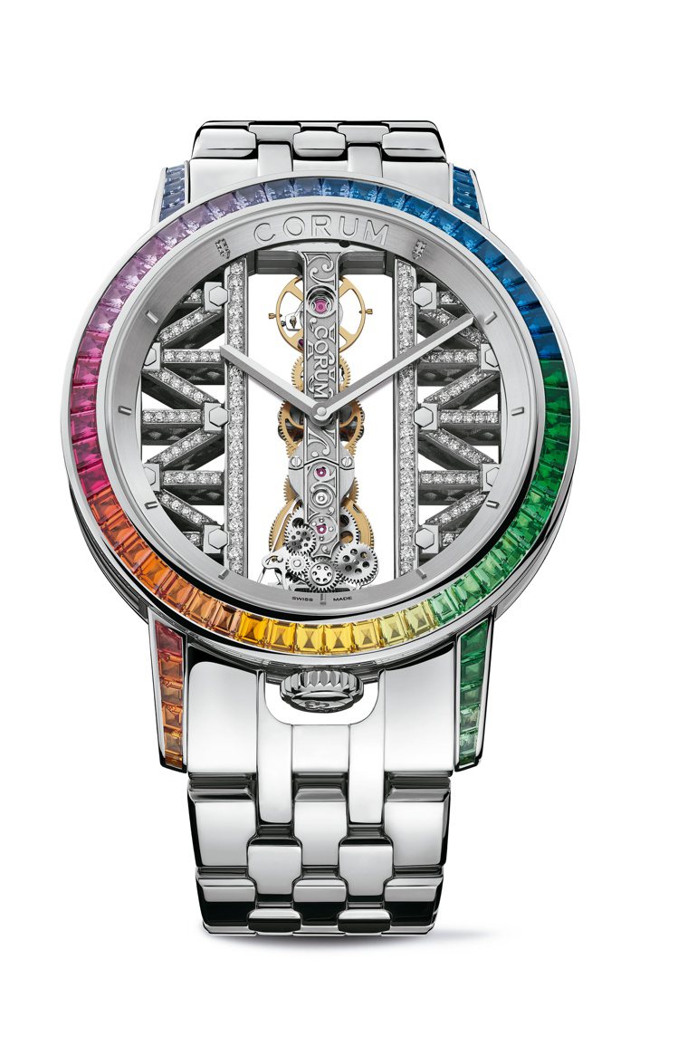 限量版金橋圓形彩虹圈腕表，白金、43毫米、手上鍊機芯、時間顯示，全球限量18只，價格店洽。圖／CORUM提供